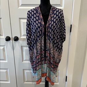 Angie Navy and Multicolor Short Sleeve Kimono Style Blouse